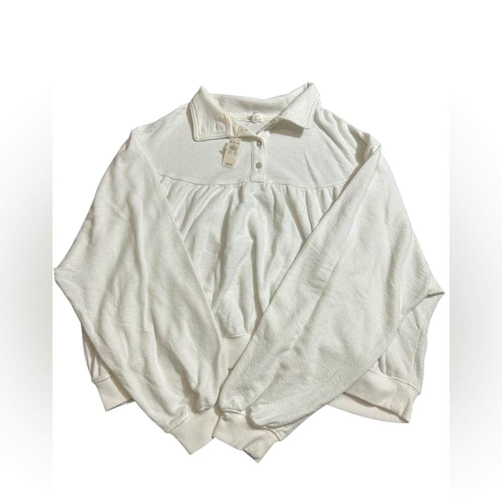 aerie White Long-Sleeve Polo Pullover Sweatshirt